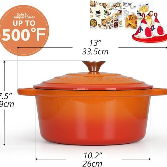 Overmont Enameled Cast Iron Dutch Oven - 5.5QT Pot with Lid Cookbook -Pumpkin - Picture 3 of 7